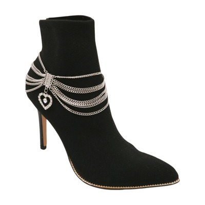 Women silver metal chain boot bracelet shoe anklet heart charm fancy dressy