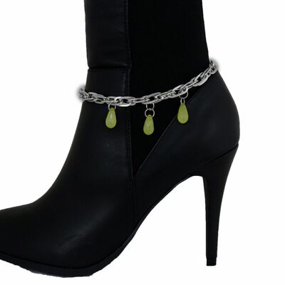 Women western boot silver chain metal links shoe retro yellow beads charm