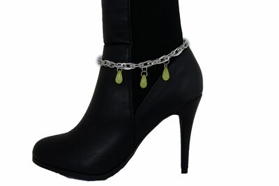 Women Western Boot Silver Chain Metal Links Shoe Retro Yellow Beads Charm