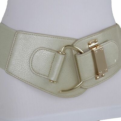 Women wide cinch gold beige color stretch club belt hook buckle size s m