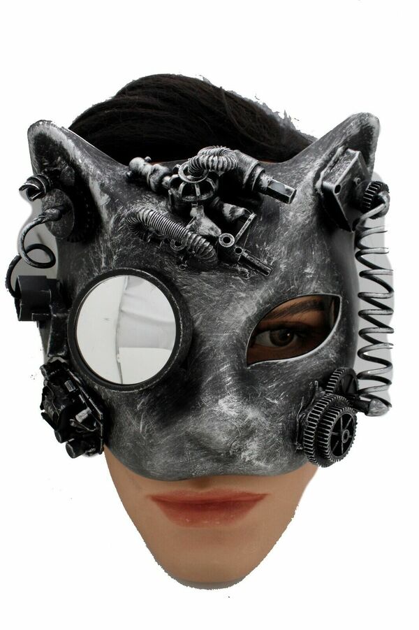 Futuristic Metallic Black Halloween Costume Face Mask Steampunk Robot Cat