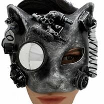 Futuristic Metallic Black Halloween Costume Face Mask Steampunk Robot Cat