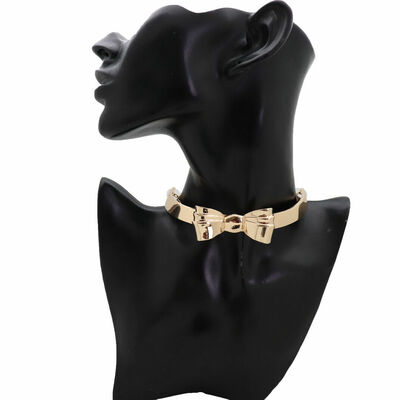 Women gold metal fashion jewelry choker necklace bow ribbon pendant birthday