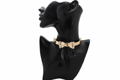 Women Gold Metal Fashion Jewelry Choker Necklace Bow Ribbon Pendant Birthday