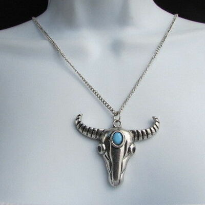 Women 17" long western fashion necklace silver chain big bull skull skeleton