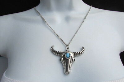 Women 17" Long Western Fashion Necklace Silver Chain Big Bull Skull Skeleton