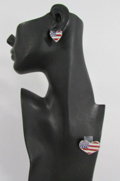 Women American Flag Heart USA Love Silver Metal Pin Brooch Earrings Jewelry Set