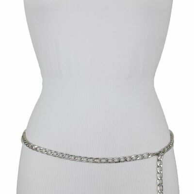 Women narrow waistband belt silver metal chain link coin charm buckle xs s m