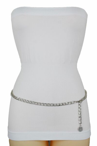 Women Narrow Waistband Belt Silver Metal Chain Link Coin Charm Buckle XS S M