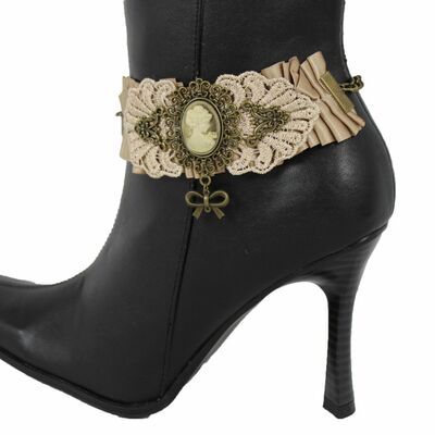 Women antique gold chain boot lace fabric strap western shoe steam punk rock bow