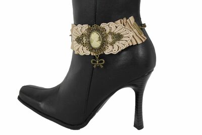 Women Antique Gold Chain Boot Lace Fabric Strap Western Shoe Steam Punk Rock Bow