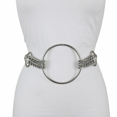 Women silver metal chain statement belt retro center ring buckle plus xl xxl