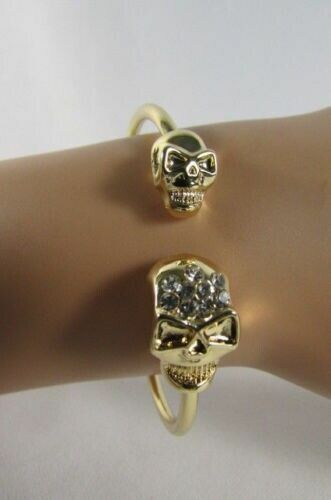 Gold Cuff Bracelet 2 Skulls Head Rhinestone Halloween Women Jewelry