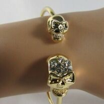 Gold Cuff Bracelet 2 Skulls Head Rhinestone Halloween Women Jewelry