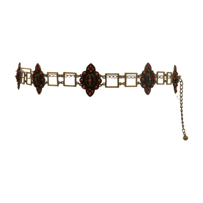 Women antique rusty gold metal ethnic hip waist belt brown bead flower charm s m