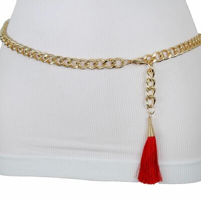 Women belt fancy fashion waist hip gold metal chain red tassel buckle xs s m