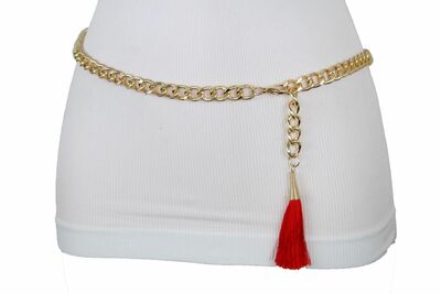 Women Belt Fancy Fashion Waist Hip Gold Metal Chain Red Tassel Buckle XS S M