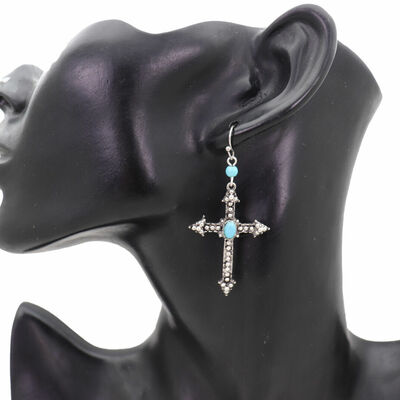 Women antique silver metal pointy cross hook earrings turquoise blue beads
