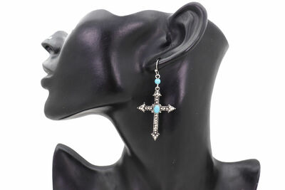 Women Antique Silver Metal Pointy Cross Hook Earrings Turquoise Blue Beads