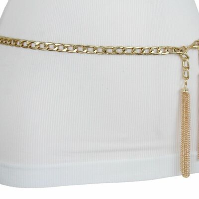 Women attractive bling belt gold metal chain long fringes tassel buckle xs s m