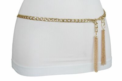 Women Attractive Bling Belt Gold Metal Chain Long Fringes Tassel Buckle XS S M