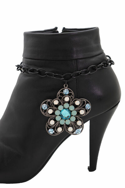 Women Black Metal Chain Boot Bracelet Shoe Blue Big Lovely Flower Posh Charm