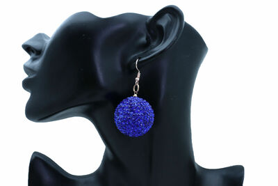 Women Blue Color Earrings Hook Cool Fashion Glam Jewelry 80's Disco Ball