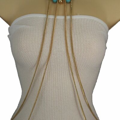 Women ball pendant gold metal body chain necklace fashion jewelry blue turquoise