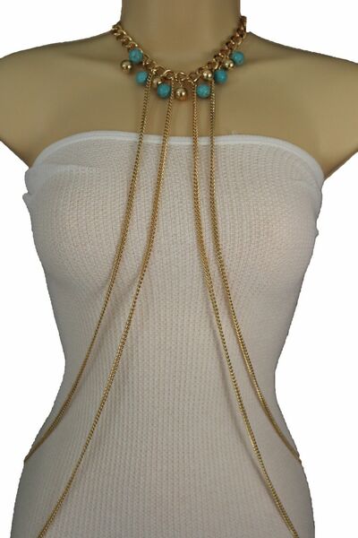Women Ball Pendant Gold Metal Body Chain Necklace Fashion Jewelry Blue Turquoise
