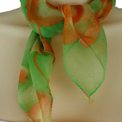 Women bright green orange flower print sheer neck scarf floral square pocket