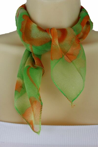 Women Bright Green Orange Flower Print Sheer Neck Scarf Floral Square Pocket