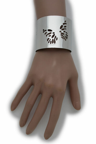 Women Basic Style Silver Metal Cuff Bracelet Butterfly Wrist Jewelry