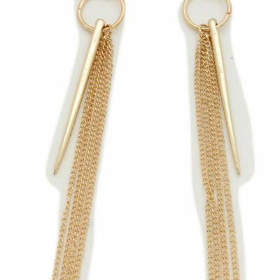 Women extra long gold metal chain fashion earrings spike horn tassel fringes