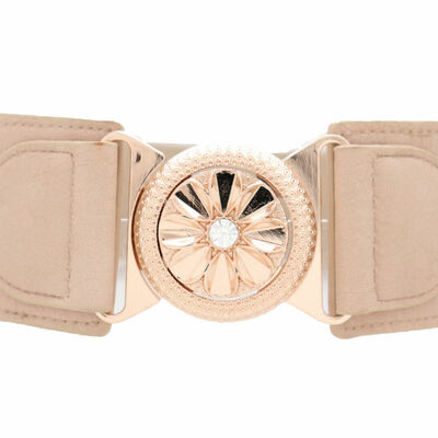 Women beige color elastic elegant shiny bling belt gold metal flower buckle s m