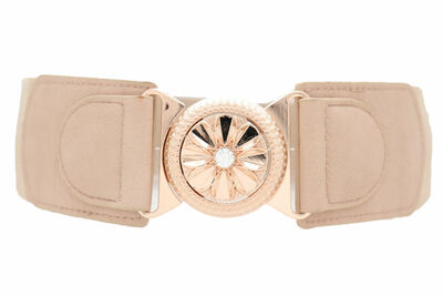Women Beige Color Elastic Elegant Shiny Bling Belt Gold Metal Flower Buckle S M