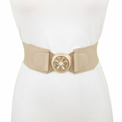 Women beige elastic fashion 80's look model belt gold metal flower buckle s m