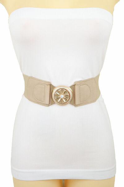 Women Beige Elastic Fashion 80's Look Model Belt Gold Metal Flower Buckle S M