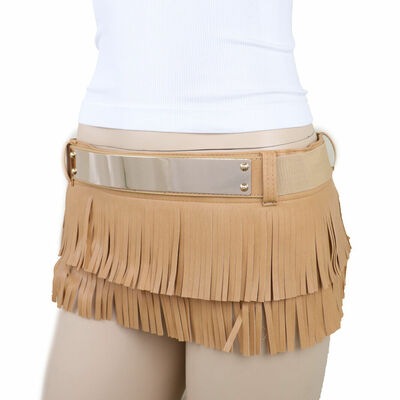 Women beige faux leather skirt tie fringes las vegas outfit belt gold metal s m