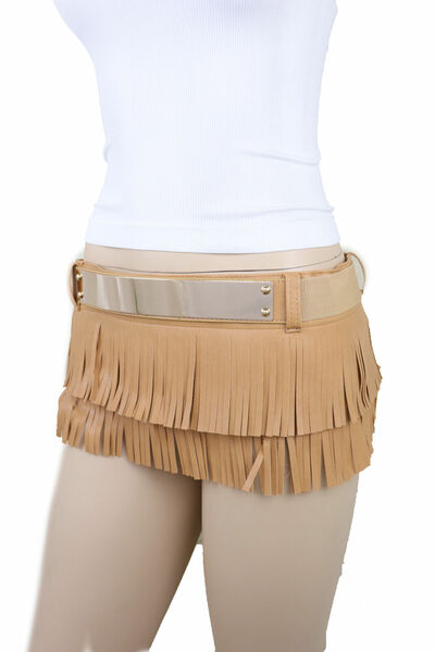 Women Beige Faux Leather Skirt Tie Fringes Las Vegas Outfit Belt Gold Metal S M