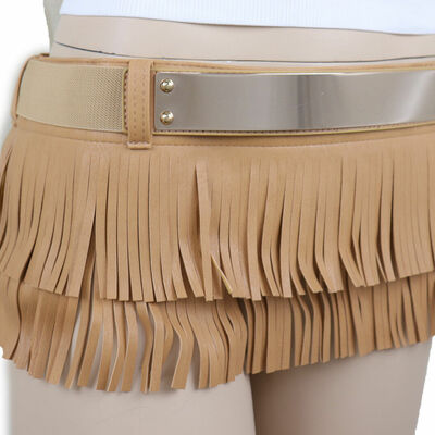 Women beige faux leather skirt tie fringes string dance belt gold metal size s m