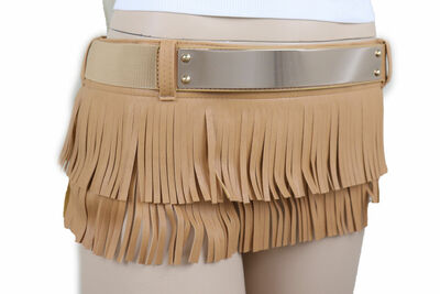 Women Beige Faux Leather Skirt Tie Fringes String Dance Belt Gold Metal Size S M