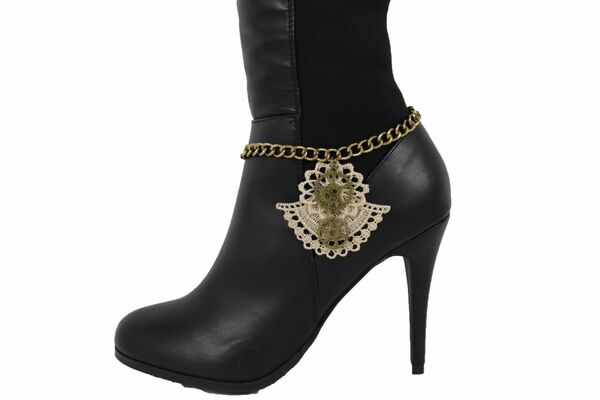 Women Gold Anklet Chain Boot Beige Lace Steam Punk Shoe Clock Charm Bracelet