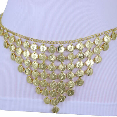 Women belly dancing ethnic belt hip waist gold metal chain coin charms size s m