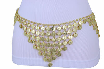 Women Belly Dancing Ethnic Belt Hip Waist Gold Metal Chain Coin Charms Size S M