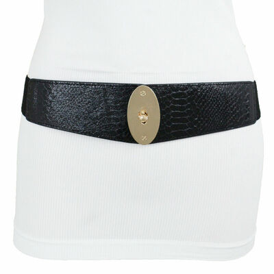 Women belt black faux snake print bling elegant gold metal buckle hip waist s m