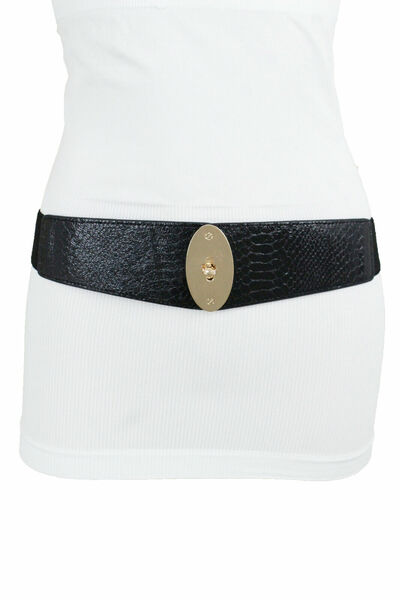 Women Belt Black Faux Snake Print Bling Elegant Gold Metal Buckle Hip Waist S M