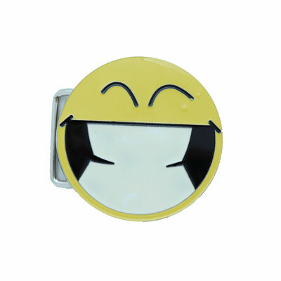 Women belt buckle silver metal yellow smiley face eyes cute fun emoji 80's style