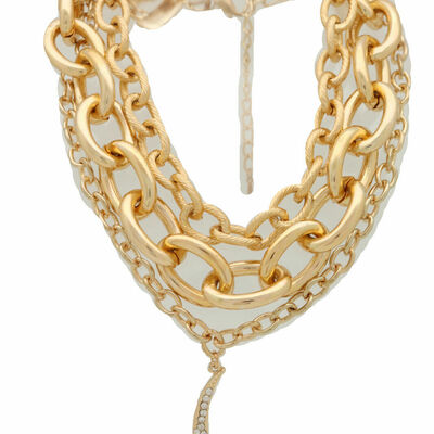 Women layered gold metal chain strand bib choker short necklace moon pendant