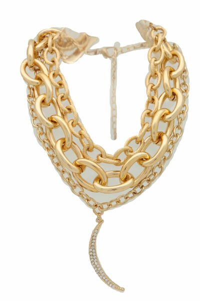 Women Layered Gold Metal Chain Strand Bib Choker Short Necklace Moon Pendant