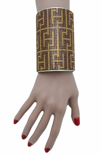 Women Long Cuff Bracelet Gold Metal Brown Bling Geometric Celebrity Designer